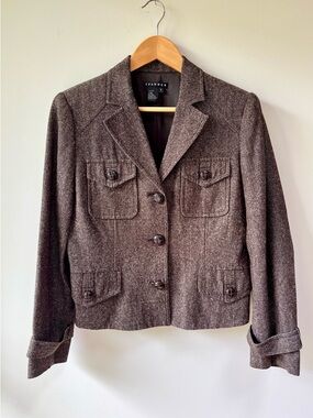 Spanner Cropped Gray/Brown Tweedy Women’s Blazer Elbow Patches - Size 8